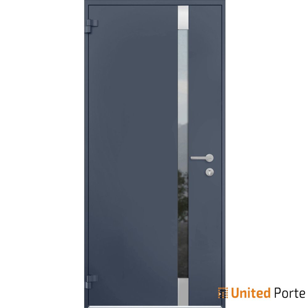 Front Exterior Prehung Steel Door / Cynex 6777 Grey / Stainless Inserts Single Modern Painted-W32" x H80"-Right-hand Outswing
