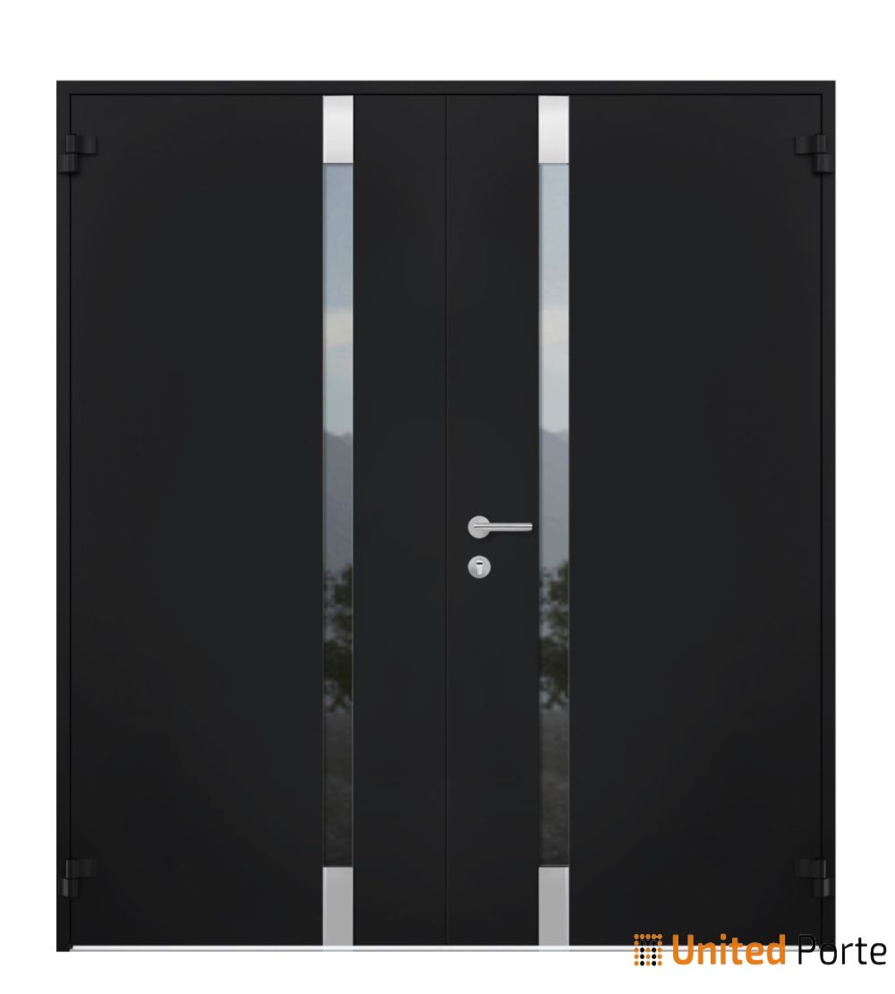 Front Exterior Prehung Steel Double Doors / Cynex 6777 Black / Stainless Inserts Single Modern Painted-W72" x H80"-Right-hand Outswing