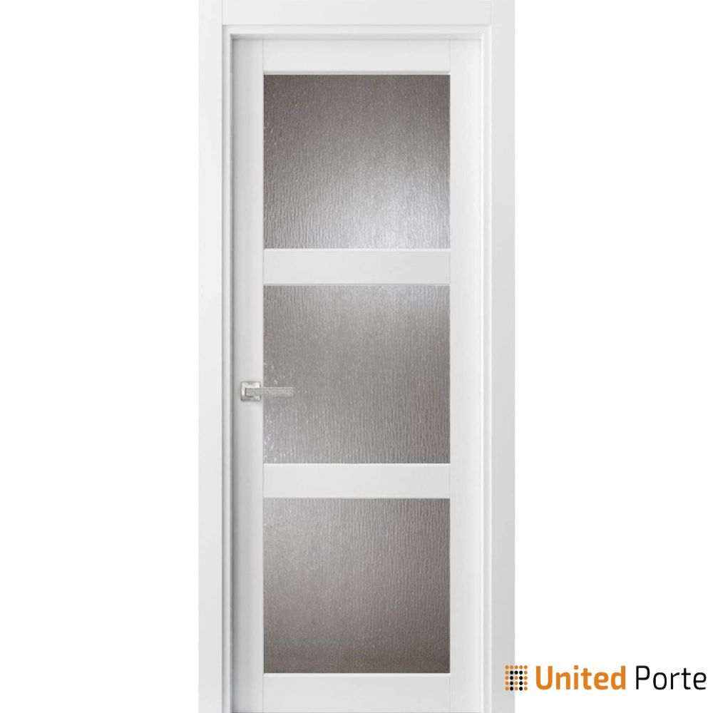 Solid Interior French | Lucia 2588 White Silk with Rain Glass 42" x 84" | Single Regular Panel Frame Trims Handle | Bathroom Bedroom Sturdy Doors