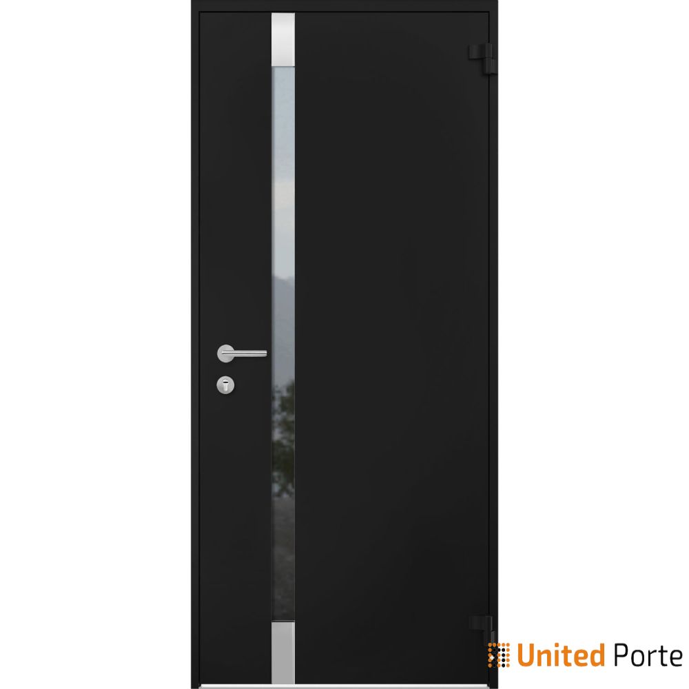 Front Exterior Prehung Steel Door / Cynex 6777 Black / Stainless Inserts Single Modern Painted-W36" x H80"-Right-hand Outswing