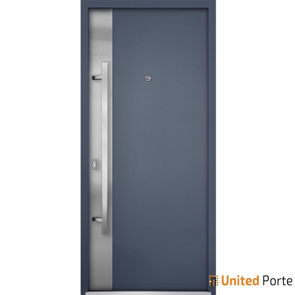 Front Exterior Prehung Steel Door / Deux 0729 Gray Graphite / Stainless Inserts Single Modern Painted-W36" x H80"-Right-hand Inswing