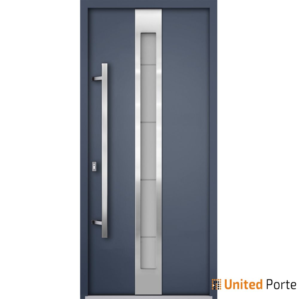 Front Exterior Prehung Steel Door / Deux 1717 Gray Graphite / Stainless Inserts Single Modern Painted-W36" x H80"-Right-hand Inswing