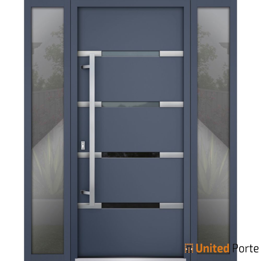 Front Exterior Prehung Steel Door / Deux 1105 Gray Graphite / 2 Side Exterior Windows / Stainless Inserts Single Modern Painted-W12+36+12" x H80"-Right-hand Inswing