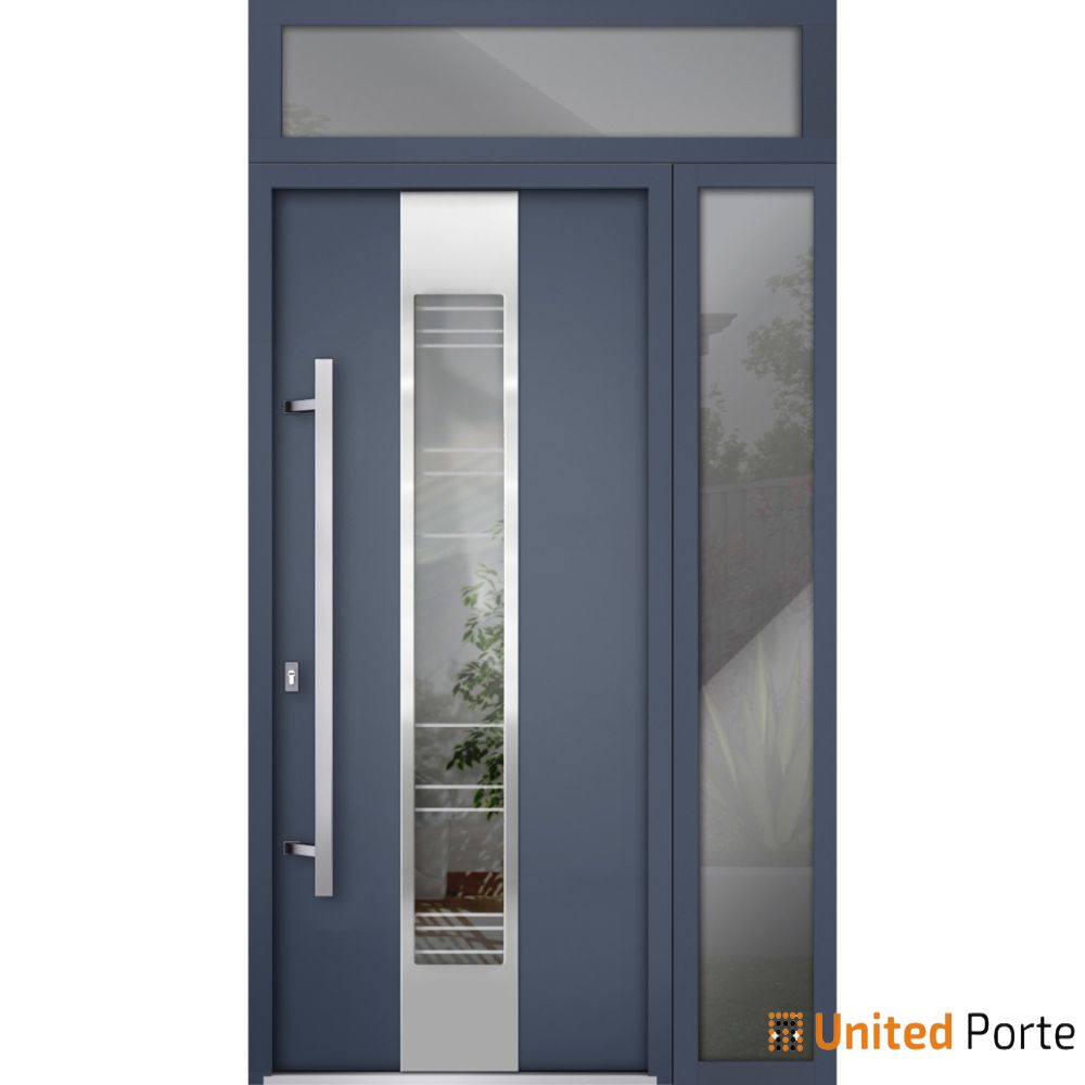 Front Exterior Prehung Steel Door / Deux 5755 Gray Graphite / Side and Top Exterior Window / Stainless Inserts Single Modern Painted-W36+14" x H80+16"-Right-hand Inswing