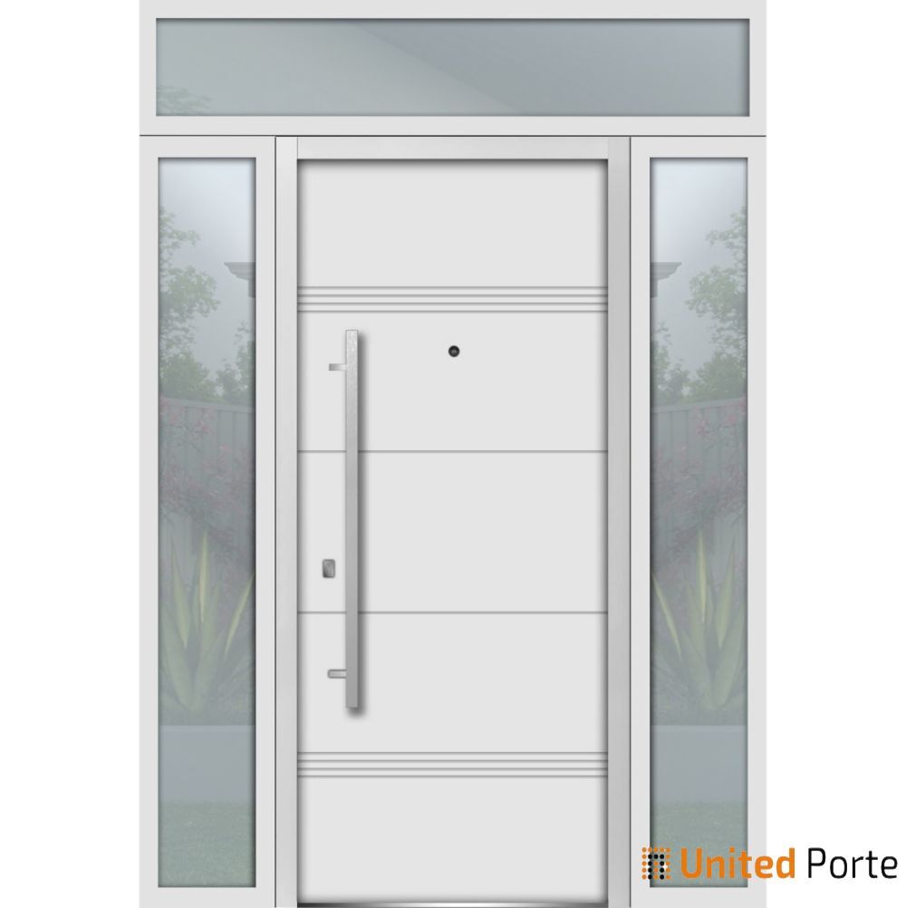 Front Exterior Prehung Steel Door / Deux 1705 White Enamel / 2 Side and Top Exterior Black Window / Stainless Inserts Single Modern Painted-W12+36+12" x H80+16"-Right-hand Inswing