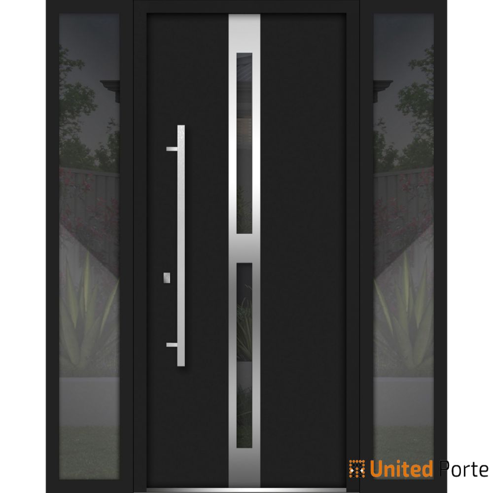 Front Exterior Prehung Steel Door / Deux 1755 Black Enamel / 2 Side Exterior Windows / Stainless Inserts Single Modern Painted-W12+36+12" x H80"-Right-hand Inswing