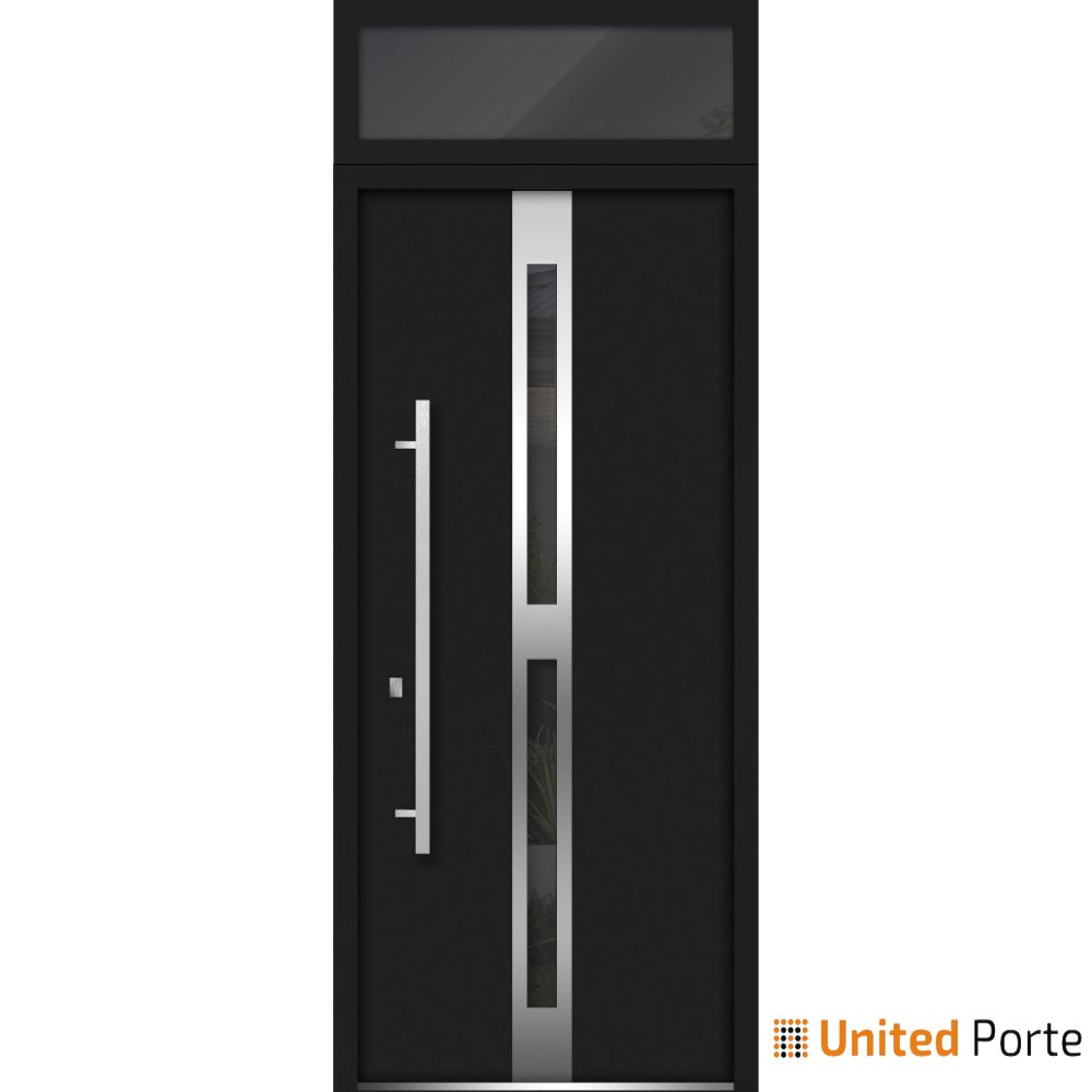 Front Exterior Prehung Steel Door / Deux 1755 Black Enamel / Top Exterior Window / Stainless Inserts Single Modern Painted-W36" x H80+16"-Right-hand Inswing