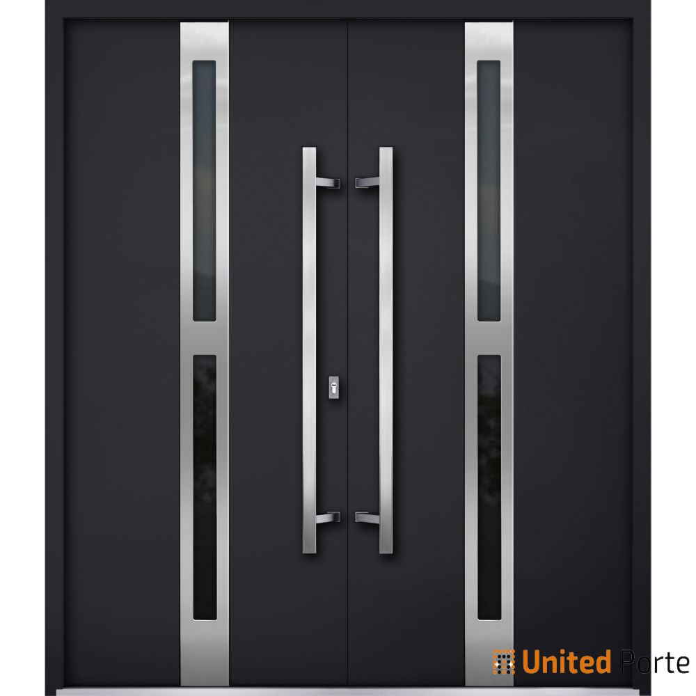 Front Exterior Prehung Steel Double Doors / Deux 1755 Black Enamel / Stainless Inserts Single Modern Painted-W72" x H80"