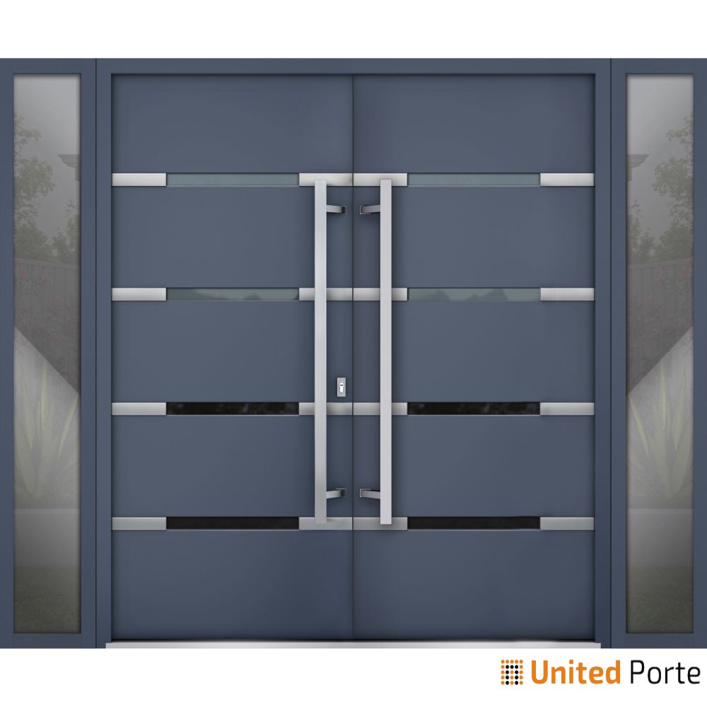 Front Exterior Prehung Steel Double Doors / Deux 1105 Gray Graphite / 2 Side Exterior Windows / Stainless Inserts Single Modern Painted-W12+72+12" x H80"