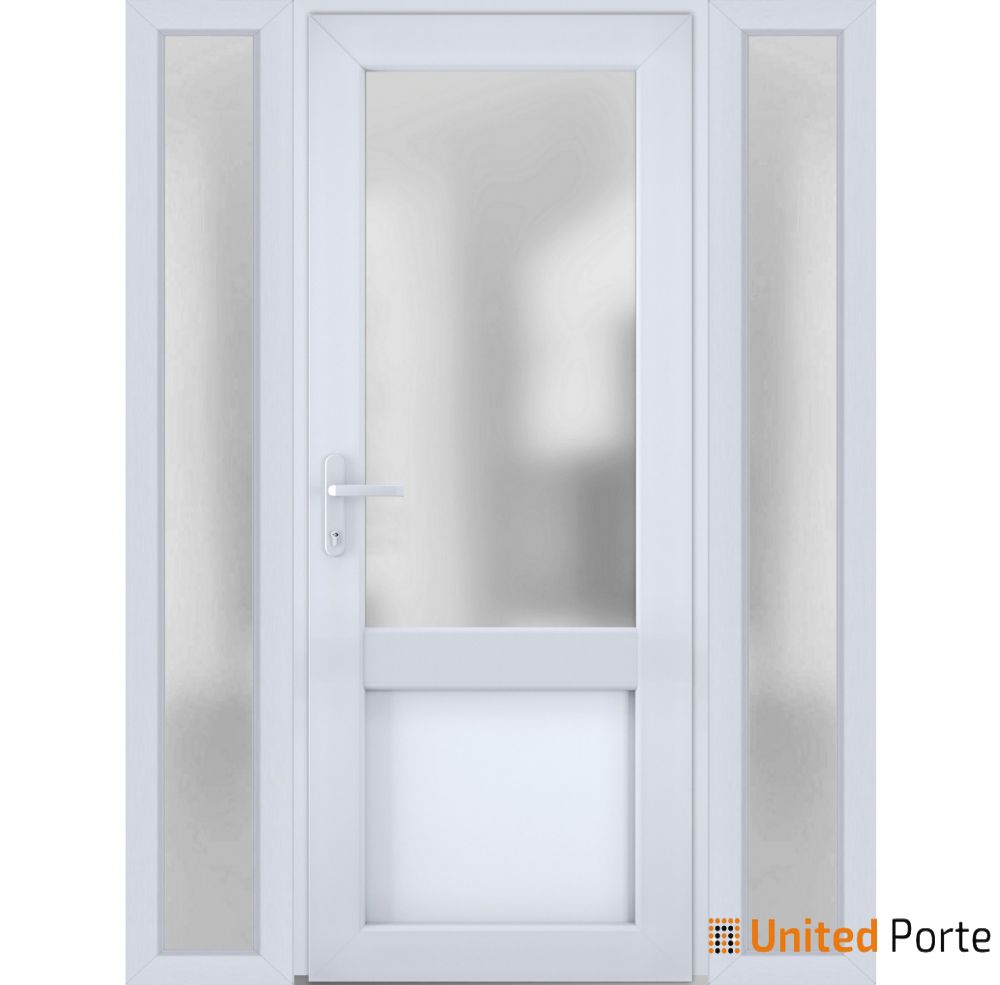 Front Exterior Prehung FiberGlass Door Frosted Glass / Manux 8422 White Silk / 2 Side Exterior Windows / Office Commercial and Residential Doors Entrance Patio Garage-W12+36+12" x H80"-Right-hand Inswing