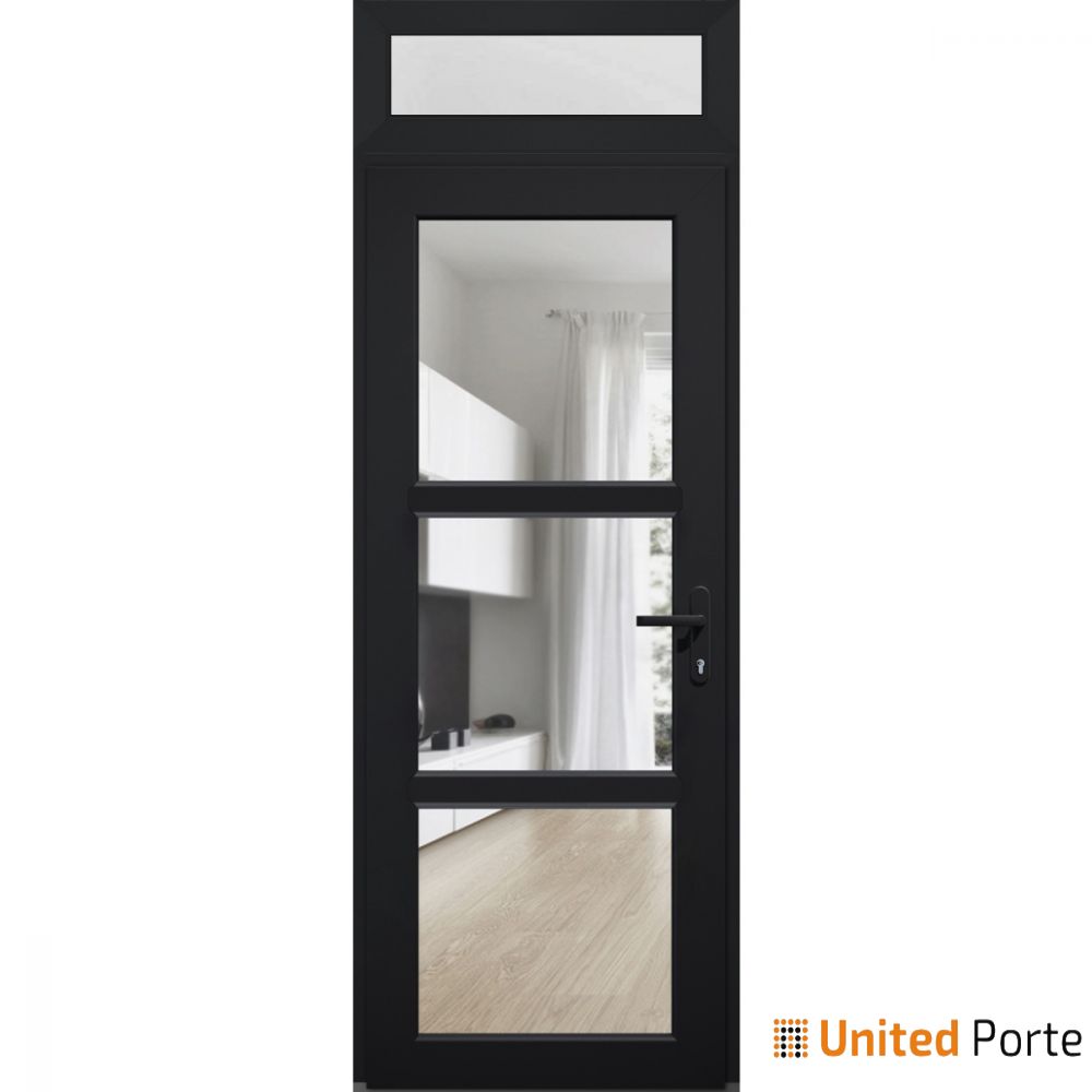 Front Exterior Prehung FiberGlass Door Clear Glass See-through / Manux 8555 Matte Black Clear Glass / Top Exterior Window / Office Commercial and Residential Doors Entrance Patio Garage-W36" x H80+14"-Right-hand Inswing