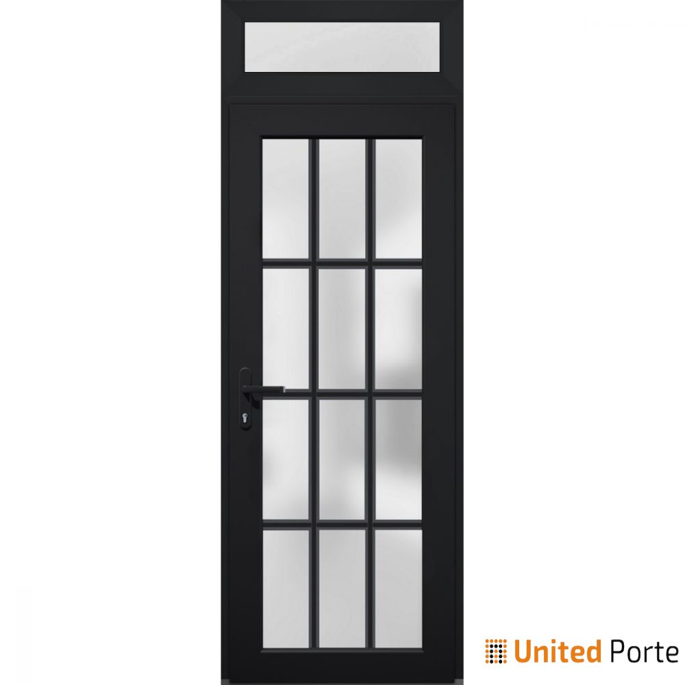 Front Exterior Prehung FiberGlass Door Frosted Glass / Manux 8312 Matte Black / Top Exterior Window / Office Commercial and Residential Doors Entrance Patio Garage-W36" x H80+14"-Right-hand Inswing